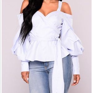 Blue and white stripe cold shoulder top